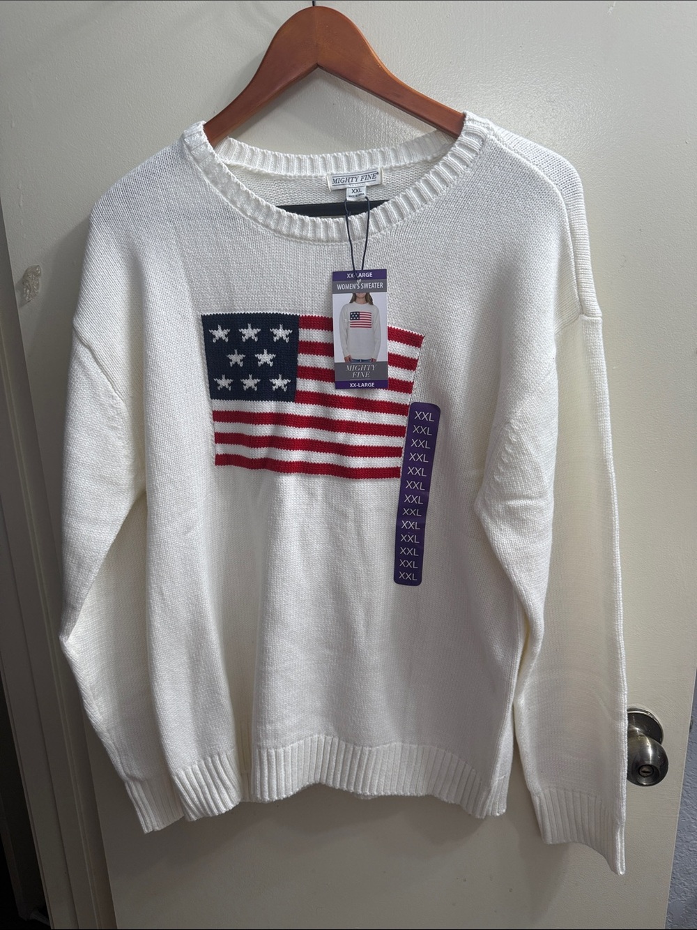 Mighty Fine White Crewneck Sweater with American Flag Patch